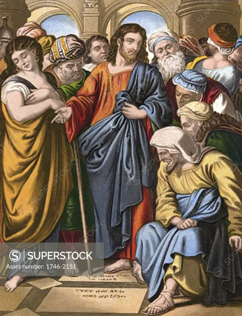 Jesus defending the woman taken in adultery against the Scribes and the Pharisees, saying: 'Let him that is without sin among you, first cast a stone at her'. John:8. Mid-19th century chromolithograph. Colour