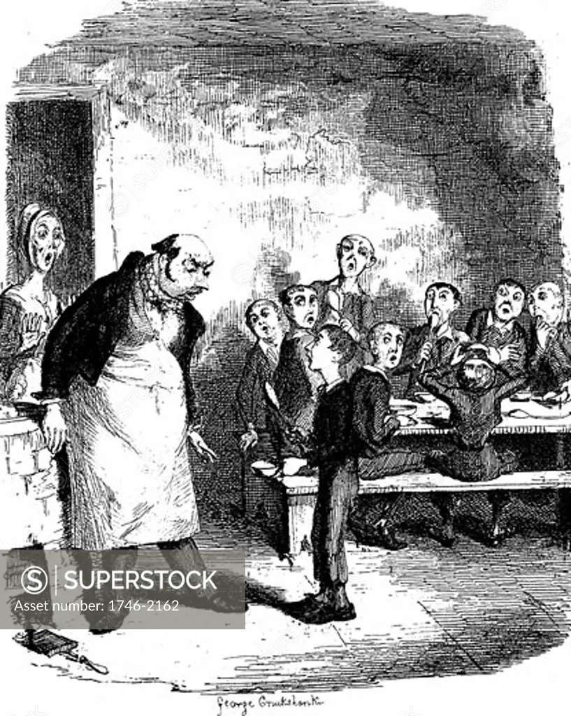 Oliver Twist causing a sensation in the childrens ward of the workhouse by asking for a second helping of porridge. In the background starving companions polish their bowls and spoons in their hunger., From the novel Oliver Twist by Charles Dickens (London, 1837-38), George Cruikshank, (1792-1878/Br