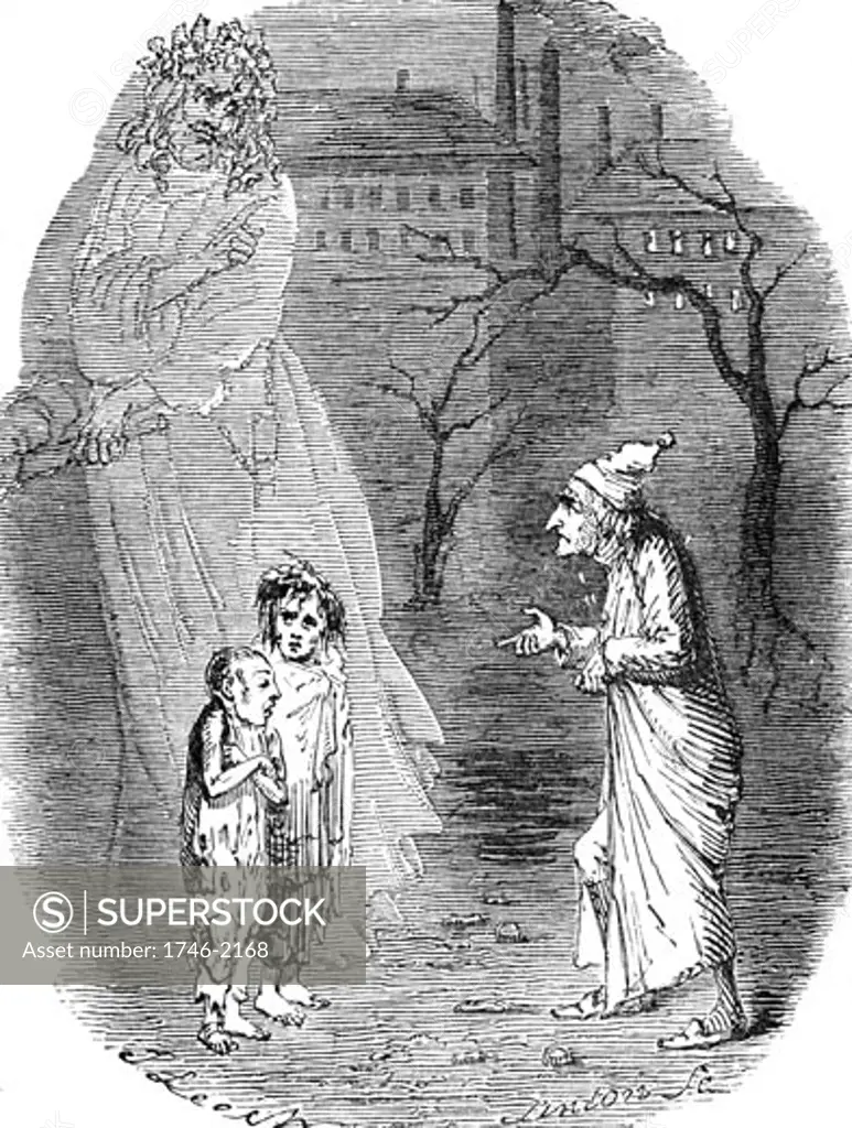 Ignorance and Want presented by a ghost appearing to Scrooge., From A Christmas Carol by Charles Dickens, (London 1843-1844), Illustration by John Leech (1817-1864)