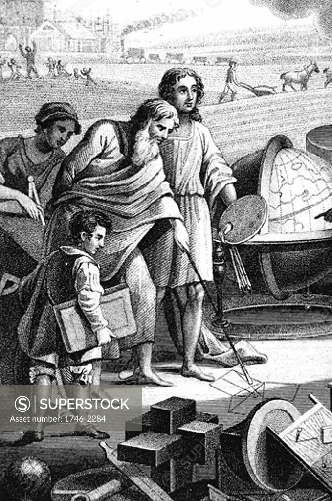 Pythagoras (6th century BC) Ancient Greek mathematician and philosopher, shown drawing in sand his theorem on right-angled triangle. Stipple engraving 1833