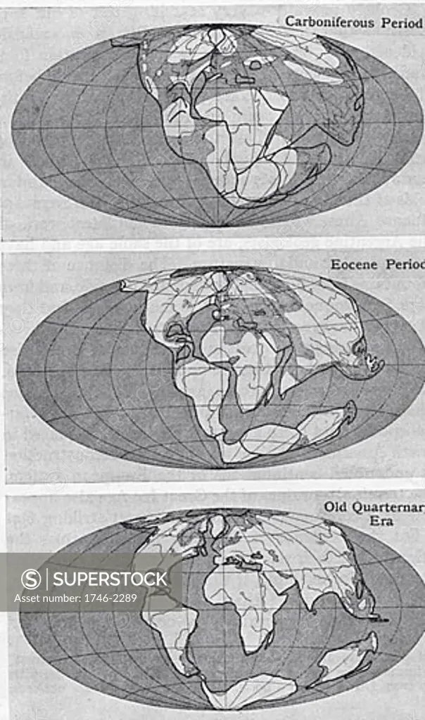 Diagram of continental drift from an article by Alfred Wegener (1880-1930)on his theory of Continental Drift (Wegener Hypothesis: 1915) published in Discovery, London, 1922