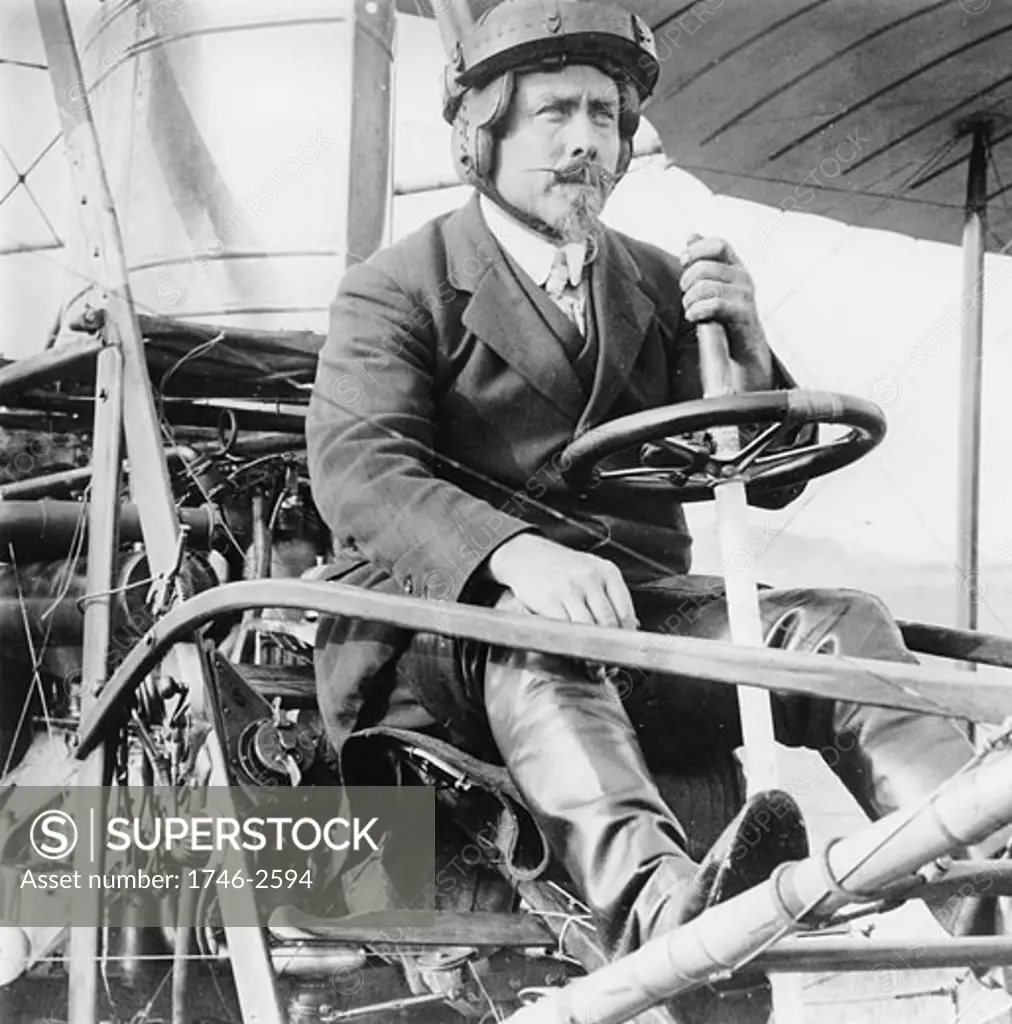 Samuel Franklin Cody  (1862-1913) in his biplane. American-born British aviator.OP