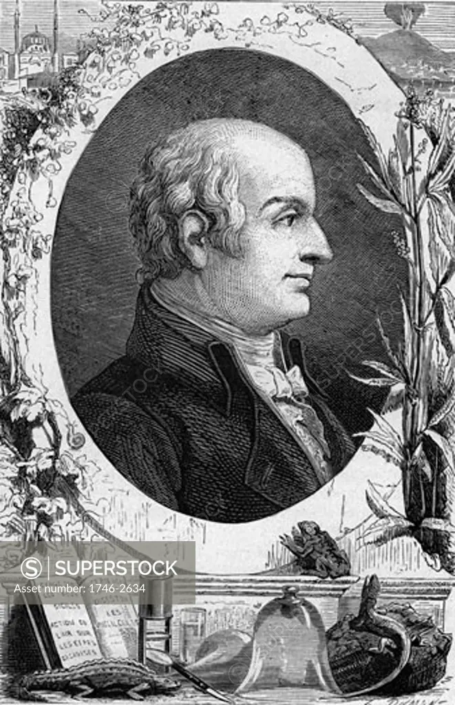 Lazzaro Spallanzani (1729-1799) Italian biologist who worked on bacteria, digestion, respiration. Pioneer of Volcanology , From Louis Figuier Vies des Savant Illustres du XVIIIe Siecle, (Paris 1874). Wood engraving