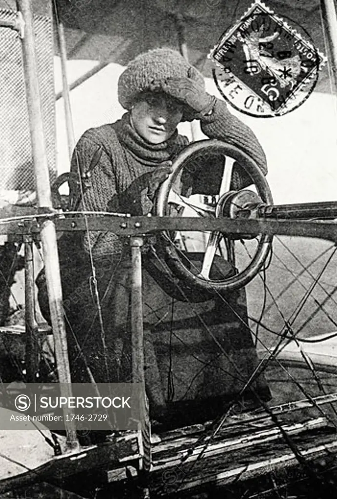 Raymonde de Laroche in her Voisin airplane in 1909, first woman to hold pilot's licence. On 3 Nov. 1909 flew Voisin biplane 1,000 yards. From postcard after photograph. French Postage, 1910 