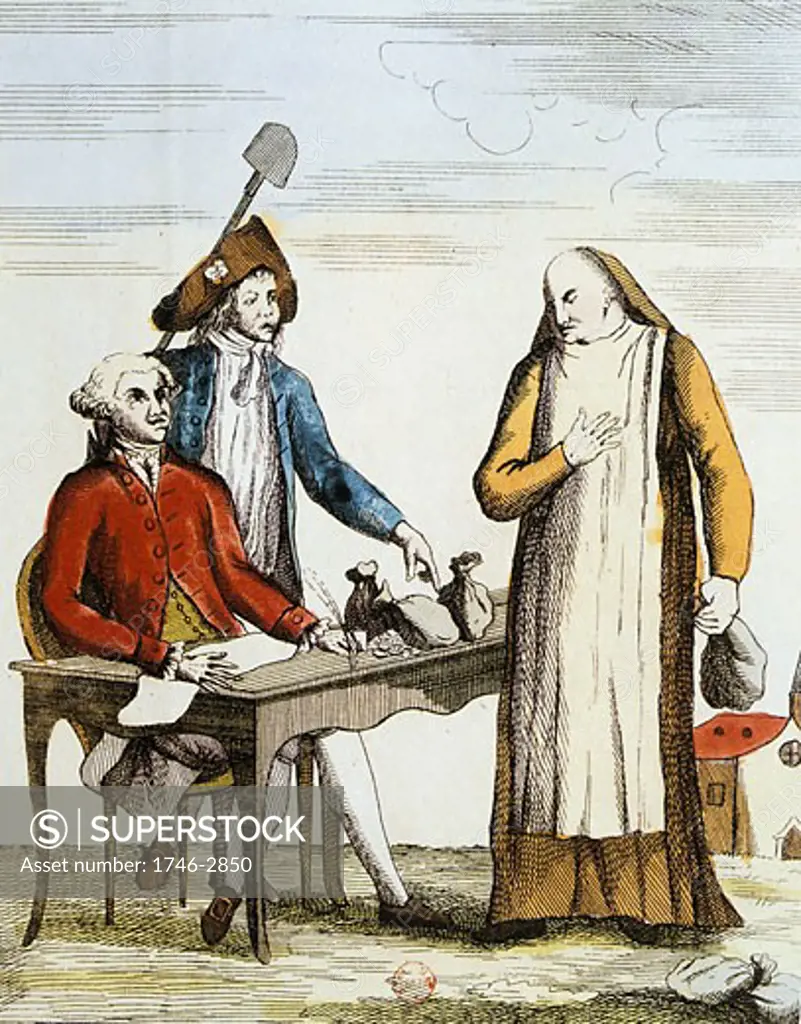 A monk, representing the Church, being told to render unto Caesar what is Caesars and to the Nation what is the Nations, Anti-clerical caricature on confiscation of wealth of the Church, French Revolution 1789, Contemporary hand-coloured engraving, Bibliotheque Nationale, Paris,