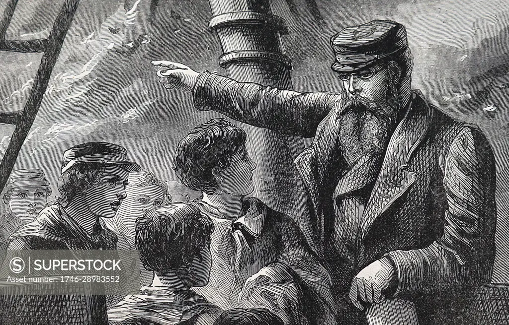 Illustration depicting a Captain giving orders to his crew members. Dated 19th Century