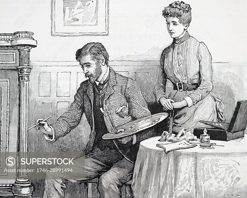 Illustration depicting a husband painting whilst his wife watches him.  Dated 19th Century - SuperStock