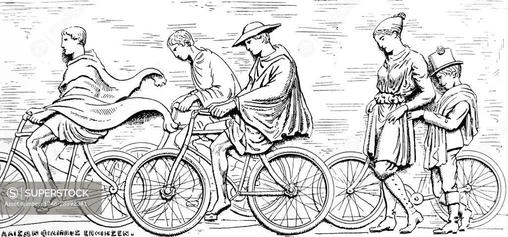 Satirical illustration based on a modern day take upon an ancient Greek frieze adapted to show cyclists in the 1896 Athens Olympic Games