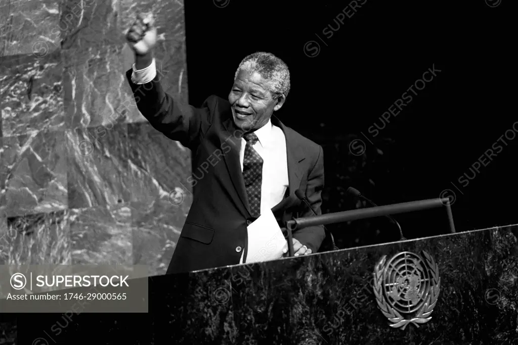 Nelson Rolihlahla Mandela (1918 - 2013); South African anti-apartheid politician; served as President of South Africa from 1994 to 1999. seen here addressing the UN General Assembly in 1990