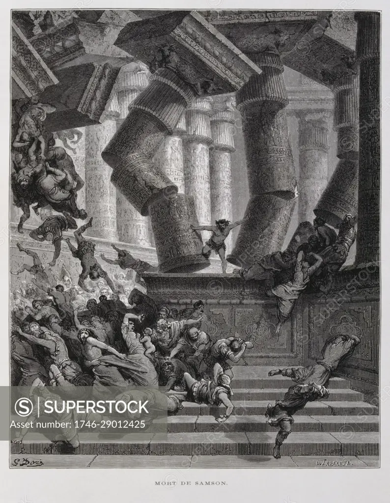 Samson destroys the temple of Baal, Illustration from the Dore Bible 1866.  In 1866, the French artist and illustrator Gustave Dore (18321883),  published a series of 241 wood engravings for a new