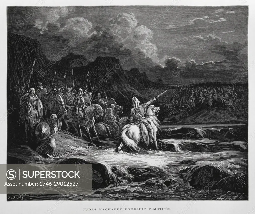 Judah Maccabee pursues Timothy, Illustration from the Dore Bible 1866. In 1866, the French artist and illustrator Gustave Doré (18321883), published a series of 241 wood engravings for a new deluxe edition of the 1843 French translation of the Vulgate Bible, popularly known as the Bible de Tours. This new edition was known as La Grande Bible de Tours and its illustrations were immensely successful.