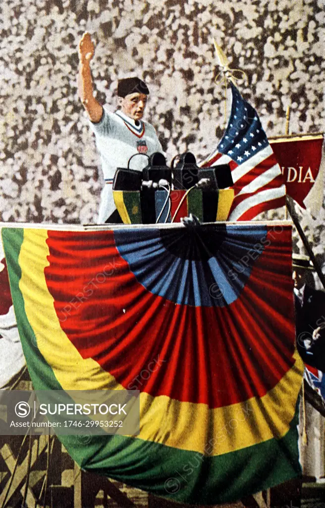 Photograph of G.C. Callnan talking the Olympic oath in the 1932 Los Angeles Olympics. 