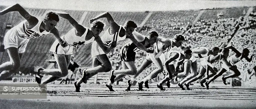 Photograph taken at the start of the 800 meter race at the 1932 Olympics where Tommy Hampson from England went on to win.  