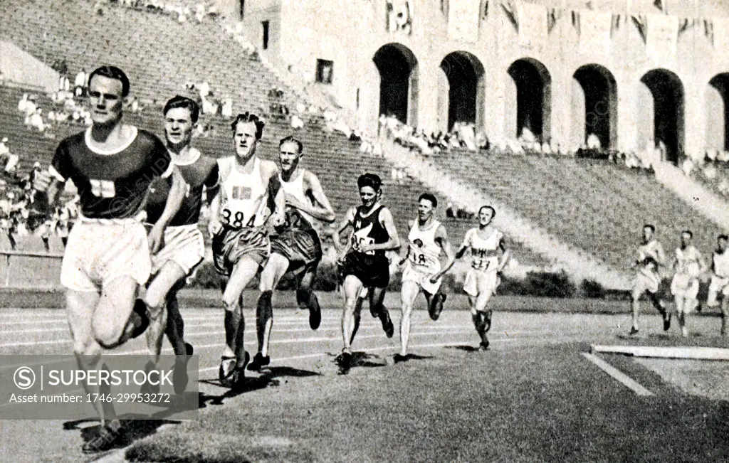 Photograph of Lauri Lehtinen (1908-1973) running the 5000 meter race in the 1932 Olympic games. Lauri was a Finnish long distance runner. We won the 5000 meter race at the 1932 Olympics in Los Angeles. He was also the World Record holder at the time (14:17.0). 