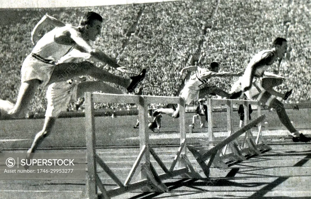 Photograph of the 110 Meter Hurdles final during the 1932 Olympic games where George Saling (1909-1933) took gold for the USA. 