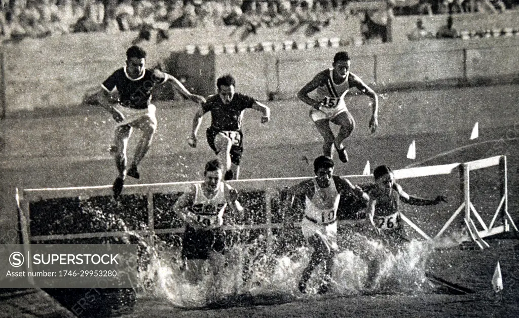 Photograph of the 3000 Meter Steeplechase during the 1932 Olympic games. Won by Volmari Iso-Hollo (1907 - 1969) from Finland. Volmari was one of the last Flying Finns who dominated long distance running. Volmari broke the world record at 09.09.4. 