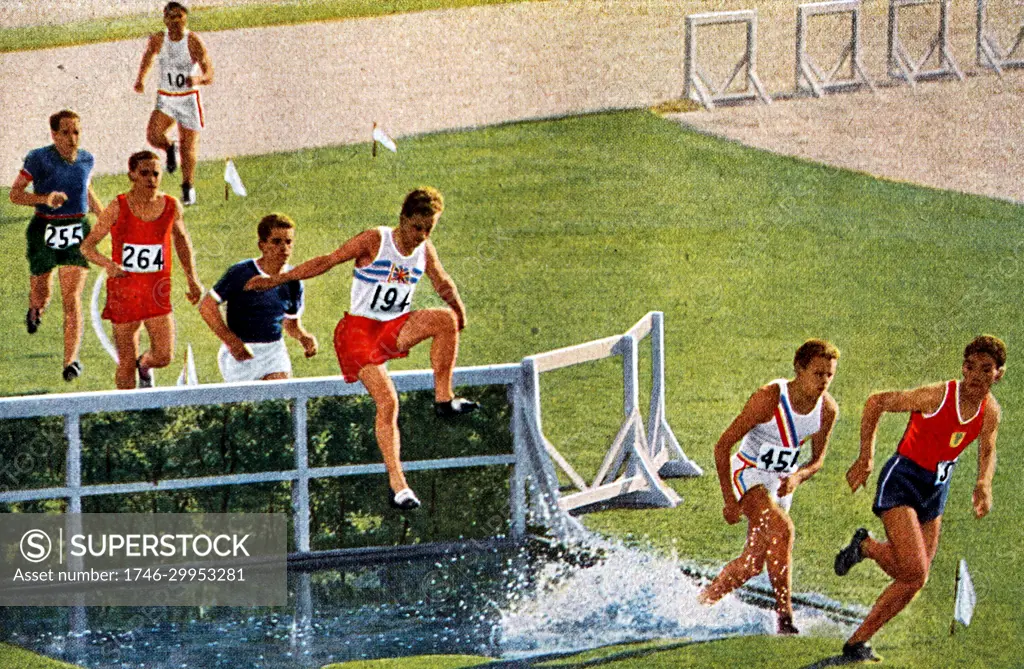 Photograph of Tom Evenson (1910 - 1997) running the 3000 Meter Steeplechase during the 1932 Olympic games. 