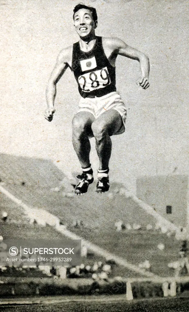 Photograph of Chuhei Nambu from Japan competing in the Long Jump during the 1932 Olympic games. He finished third in the Long jump that year, however he made a new world record in the Triple Jump, jumping 15.72 meters. 