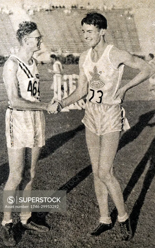 Photograph of Duncan McNaughton (1910 - 1998) (right) and Bob Van Osdel (1910 - (1987) (left) during the 1932 Olympic games. Duncan won the gold medal in the High jump while Bob took silver. 