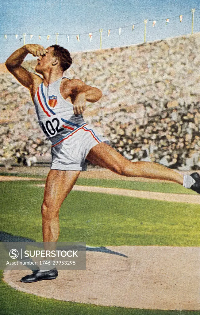 Photograph of John Franklin Anderson (1907 - 1948) competing in the discus throw during the 1932 Olympic games. 