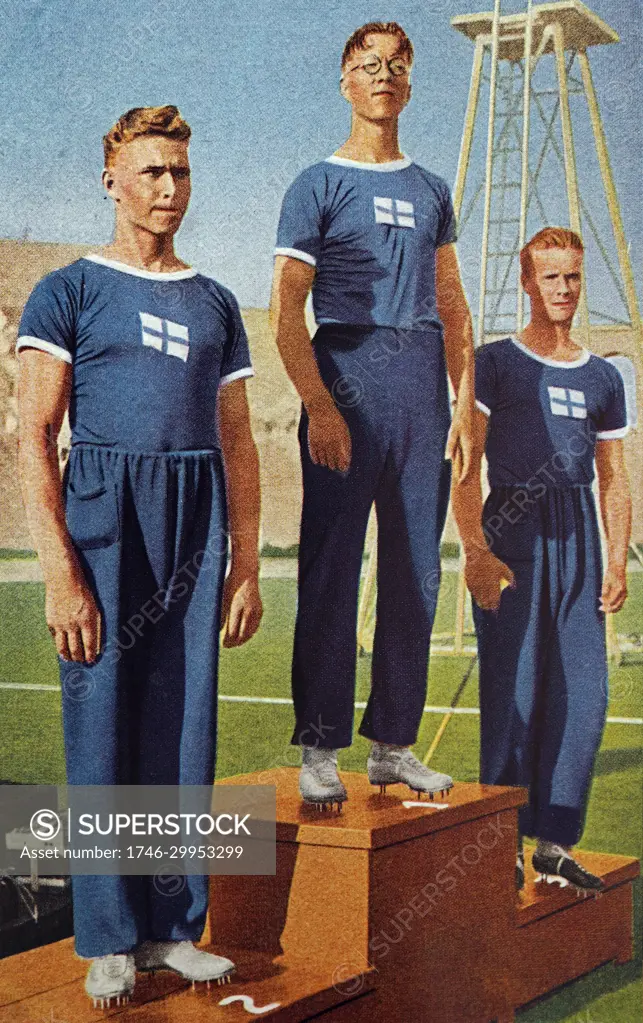 Photograph of the Javelin medal ceremony during the 1932 Olympic games. Finland finished 1st, 2nd and 3rd. Matti Jarvinen took Gold, Matti Sippala took Silver and Eino Penttila bronze. 