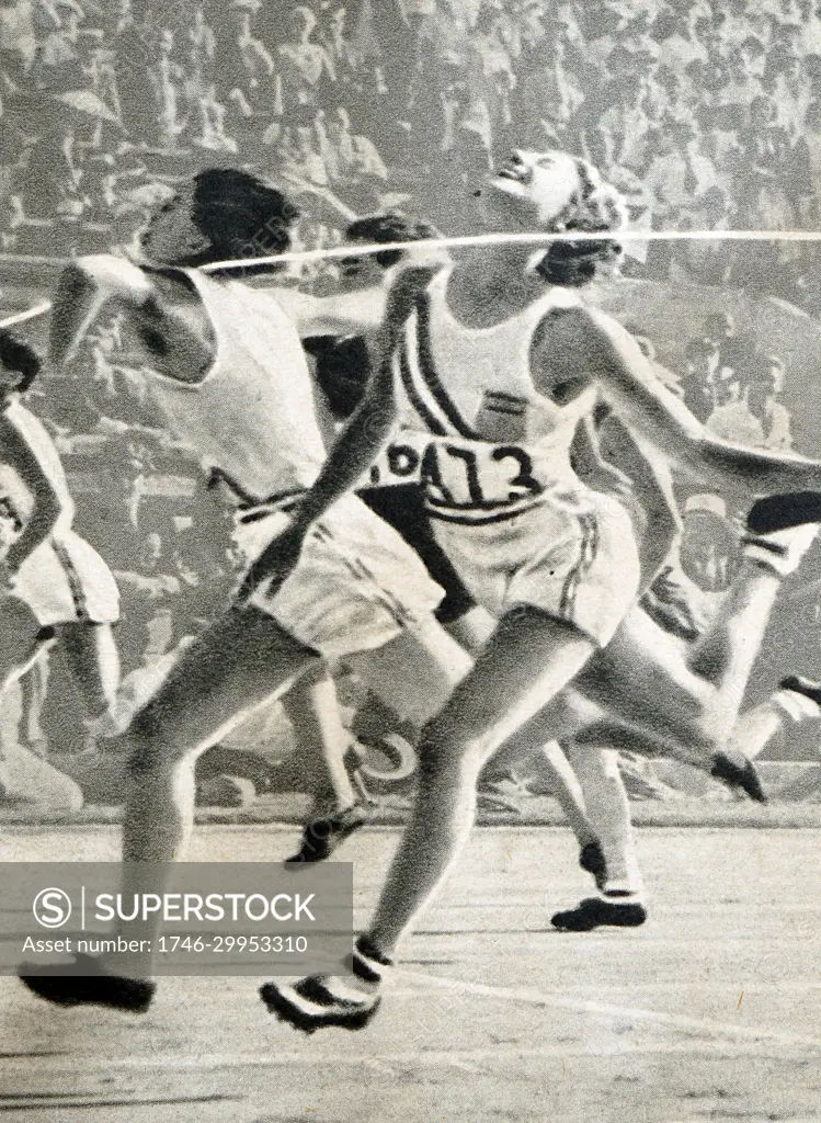 Photograph of Mildred Ella "Babe" Didrikson Zaharias (1911 - 1956) winning the 80m Hurdles at the 1932 Olympic games. Babe gained world fame in track and field and All-American status in basketball.