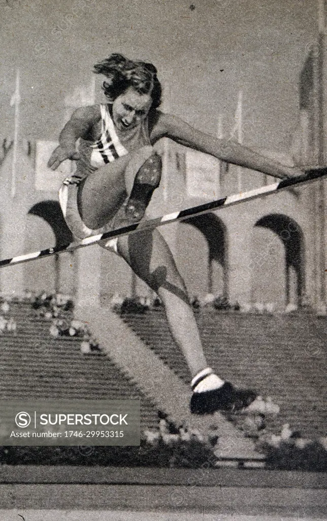 Photograph of Jean Shiley (1911- 1998) high jumping at the 1932 Olympic games. Although jumping the same height as Babe Didrikson 1.676 meters, Jean was awarded the Gold medal as Didriksons jump was considered as "diving". 