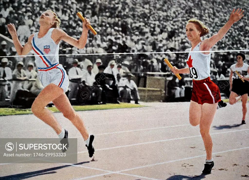 The women's 4 x 100 metres relay event at the 1932 Olympic games. Gold went to the USA's Mary Carew, Evelyn Furtsch, Annette Rogers & Billie von Bremen. Silver to Canada's Mildred Fizzell, Lillian Palmer, Mary Frizzell & Hilda Strike. Bronze to Great Britain's Eileen Hiscock, Gwen Porter, Violet Webb & Nellie Halstead.