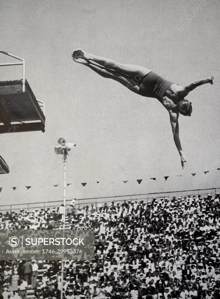 Photograph of Katherine Louise Rawls (1917 - 1982) in the springboard diving event at the 1932 Olympic games. 