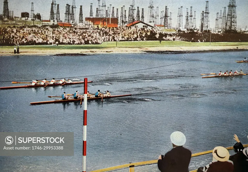 Photograph of the Coxed fours rowing at the 1932 Olympic games. The photo shows Germany win Gold over Italy who took silver. 