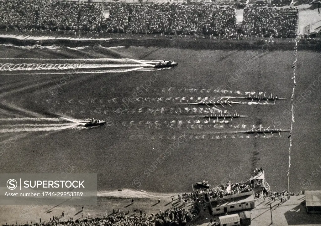 Aerial Photograph of the eight rowing final at the 1932 Olympic games. Won by America, second Italy and third Canada. Great Britain finished in fourth. 