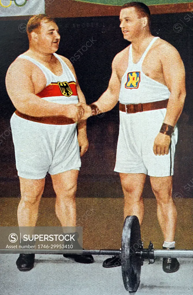 Photograph of Josef Straßberger (1894 - 1950) and Jaroslav Skobla (1899 - 1959) at the 1932 Olympic games. Jaroslav took gold for Czechoslovakia and Josef bronze for Germany in the heavyweight. 