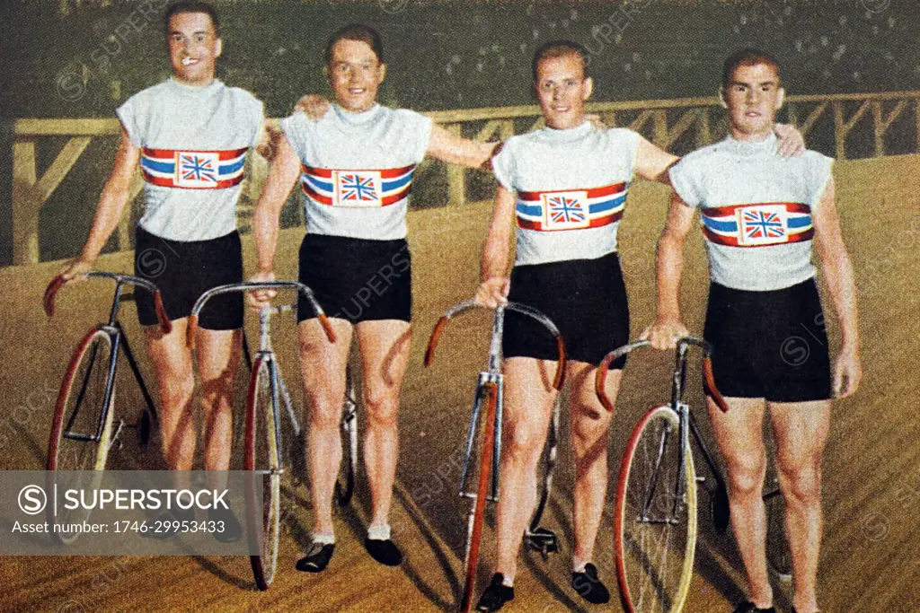 Photograph of Great Britain's pursuit team at the 1932 Olympic games. (from left to right) Charles Holland (1908 - 1989), William Frank Southall (1904 - 1964), William Gladstone Harvell (1907 - 1985) and Ernest Alfred Johnson (1912 - 1997). 