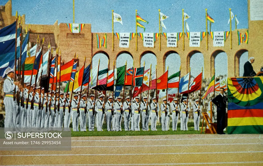 Closing ceremony of the 1932 Olympic games. Chairman of the Olympic committee Count Henri II de Baillet-Latour surrounded by 50 nations whom competed in the Olympics. 