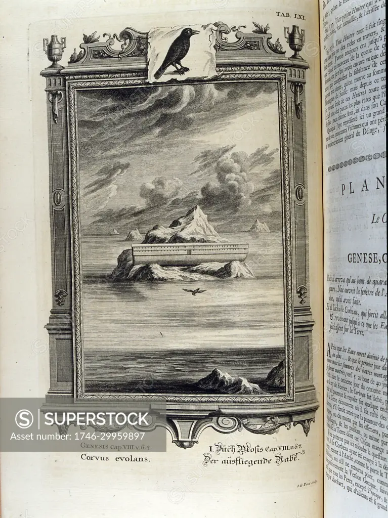 Engraving depicting Noah's Ark resting on a mountain surrounded by sea. The illustration is set within an ornate frame.