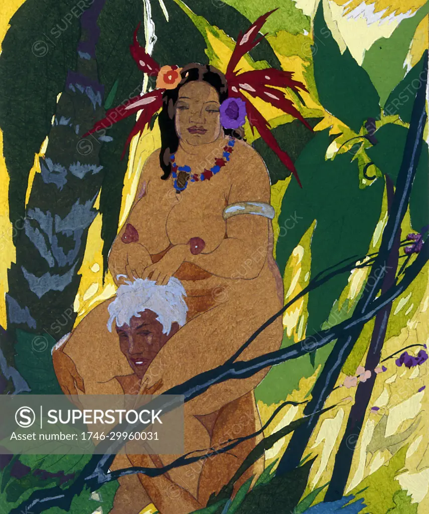 Coloured illustration depicting two naked women against an exotic  background abundant with nature. - SuperStock