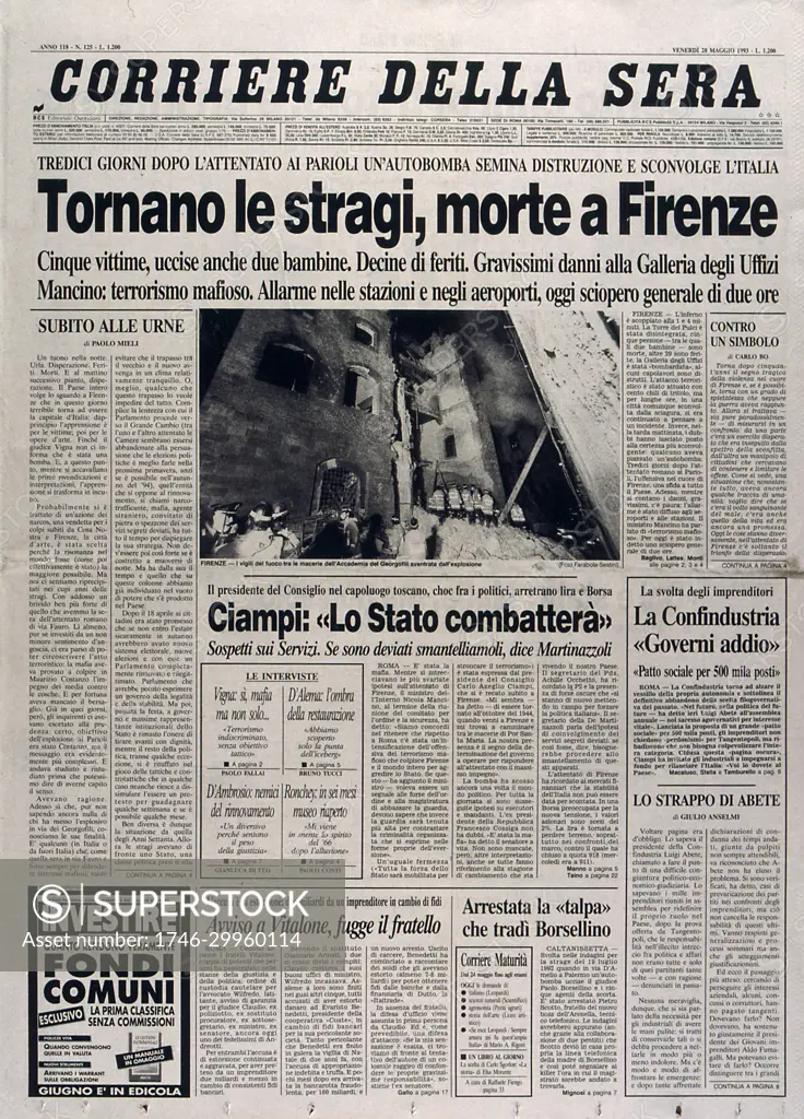 Front page of the Italian newspaper 'Corriere della Sera' dated 28 May  1993. The headline reads Five victims are killed, including two children,  in a car bomb in Florence. - SuperStock