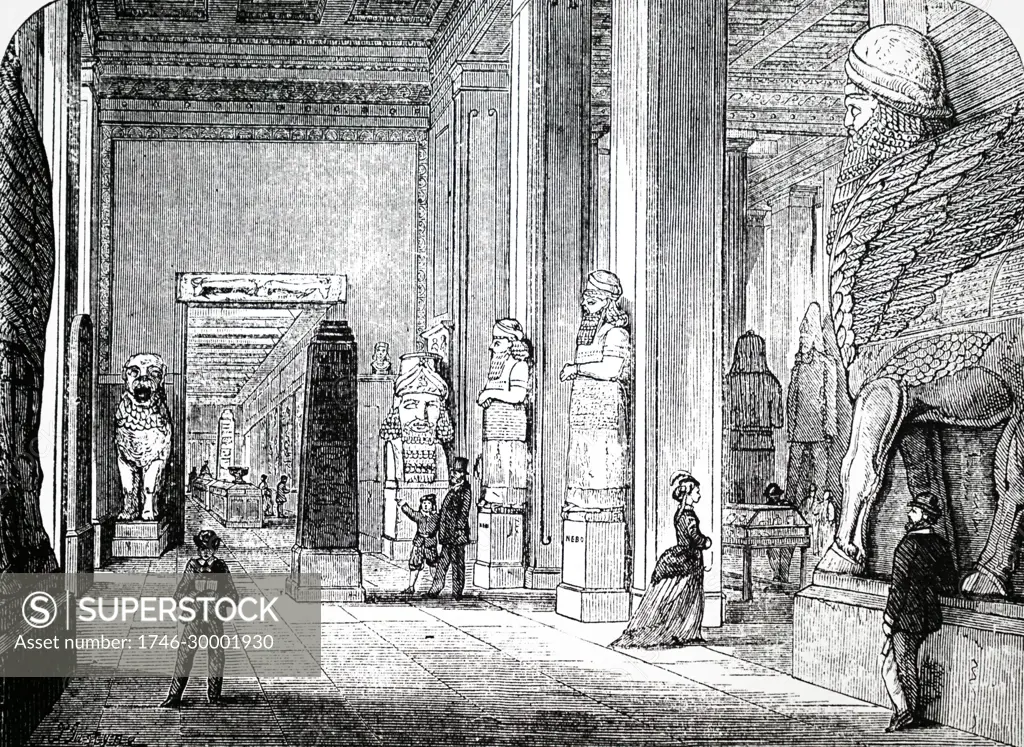 Engraving depicting the Nineveh Gallery, at the British Museum, displaying exhibits brought to England by Austen Layard.