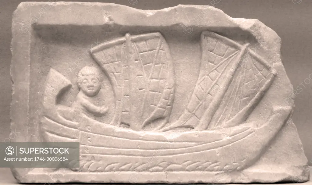 Carthaginian relief in marble, depicting a man sailing a corbita vessel. Carthage Tunisia, AD 200