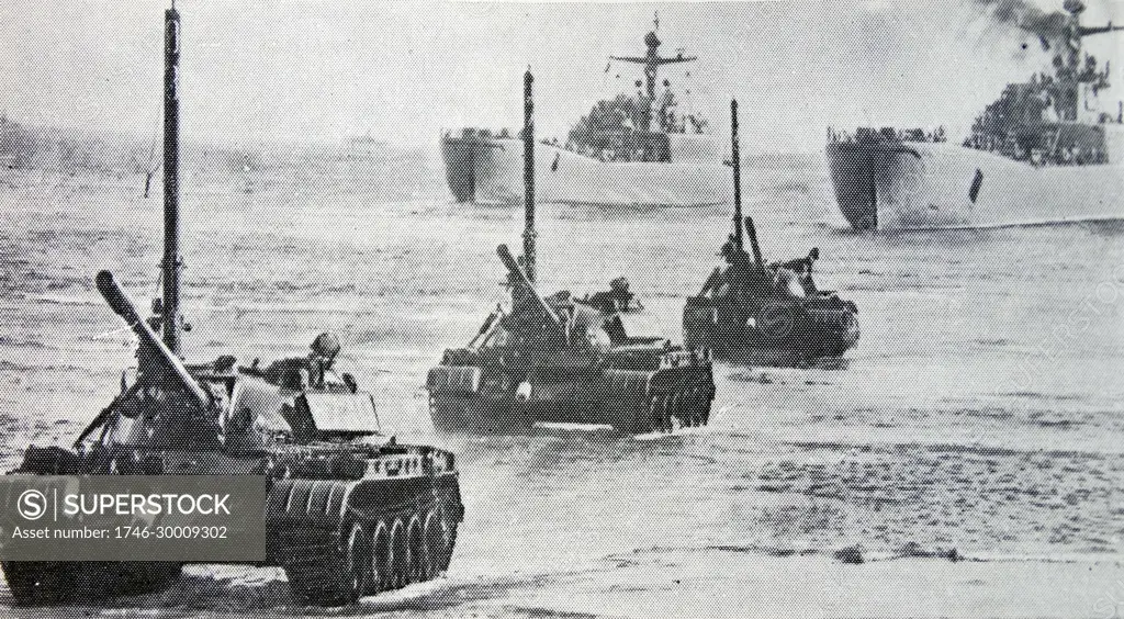 Vessels of the Polish Navy, offload tanks during the landings in Normandy during D-Day. World War Two