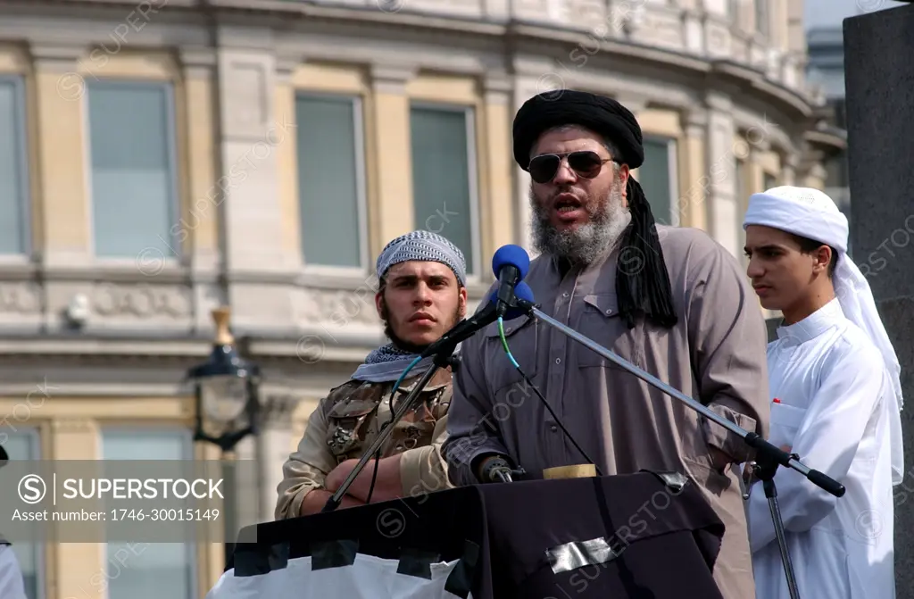 Photograph of Abu Hamza. Mustafa Kamel Mustafa (1958-) an Egyptian cleric who was the imam of Finsbury Park Mosque in London, England, where he preached Islamic fundamentalism and militant Islamism.