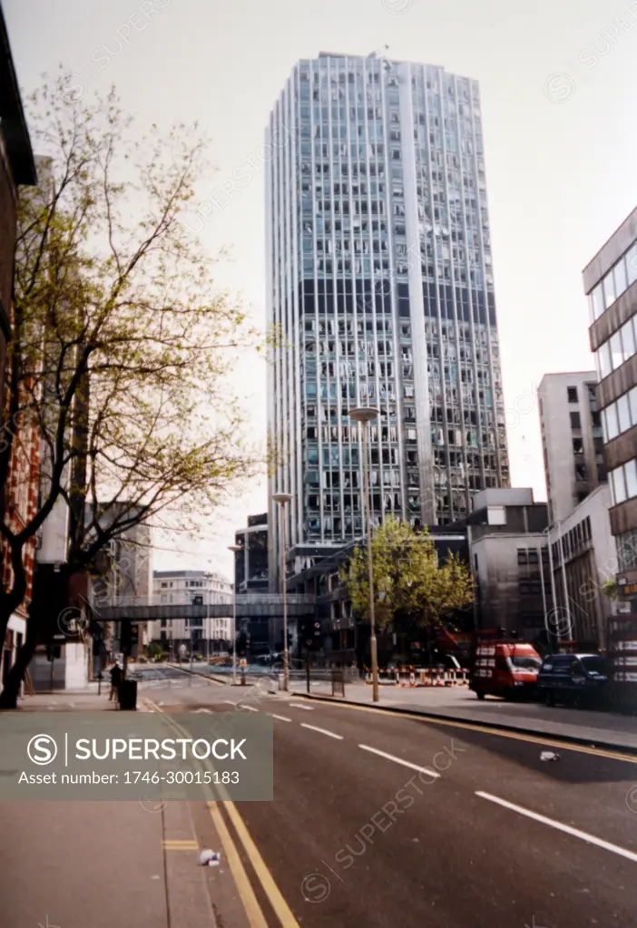 Photograph taken after the 1993 Bishopsgate bombing, when the Provisional Irish Republican Army detonated a powerful truck bomb on Bishopsgate, a major thoroughfare in London's financial district, the City of London