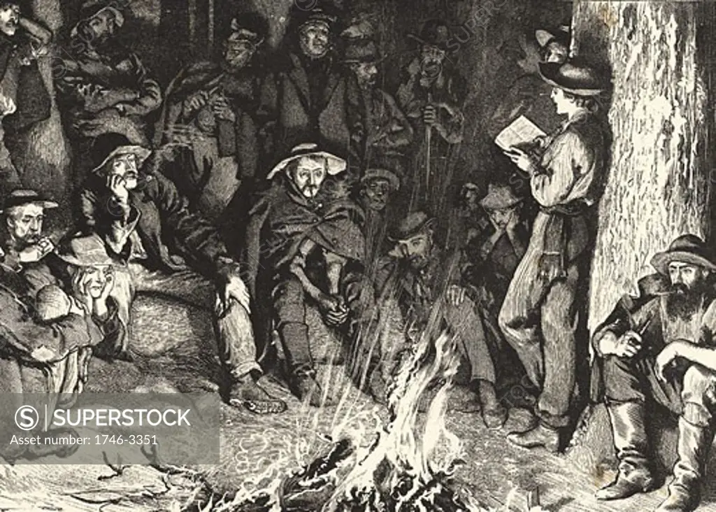 Listening to The Old Curiosity Shop in the West. Illustration for Bret Hart's poem 'Little Nell',  engraving