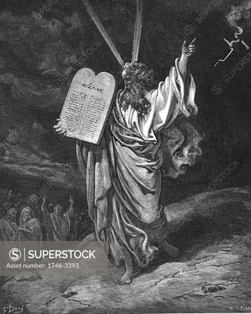 Moses descending from Mount Sinai with Ten Commandments by Gustave Dore for The Bible,  wood engraving,  1866,  19th century