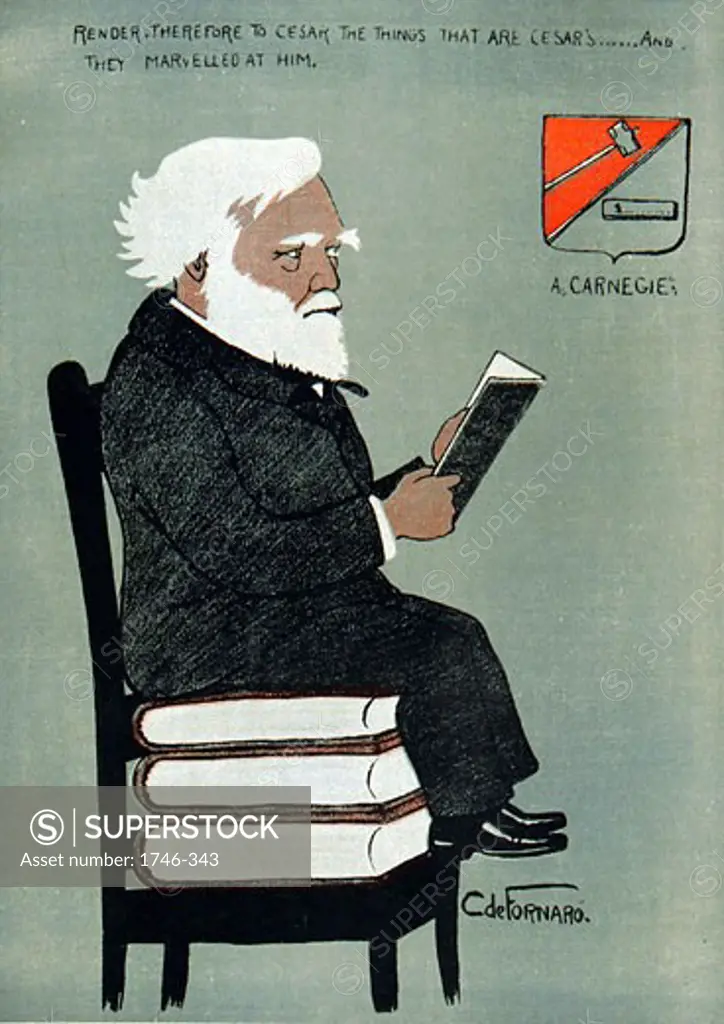 Andrew Carnegie (1835-1918) Scottish-American industrialist and philanthropist Cartoon published Paris, 1903. Colored print