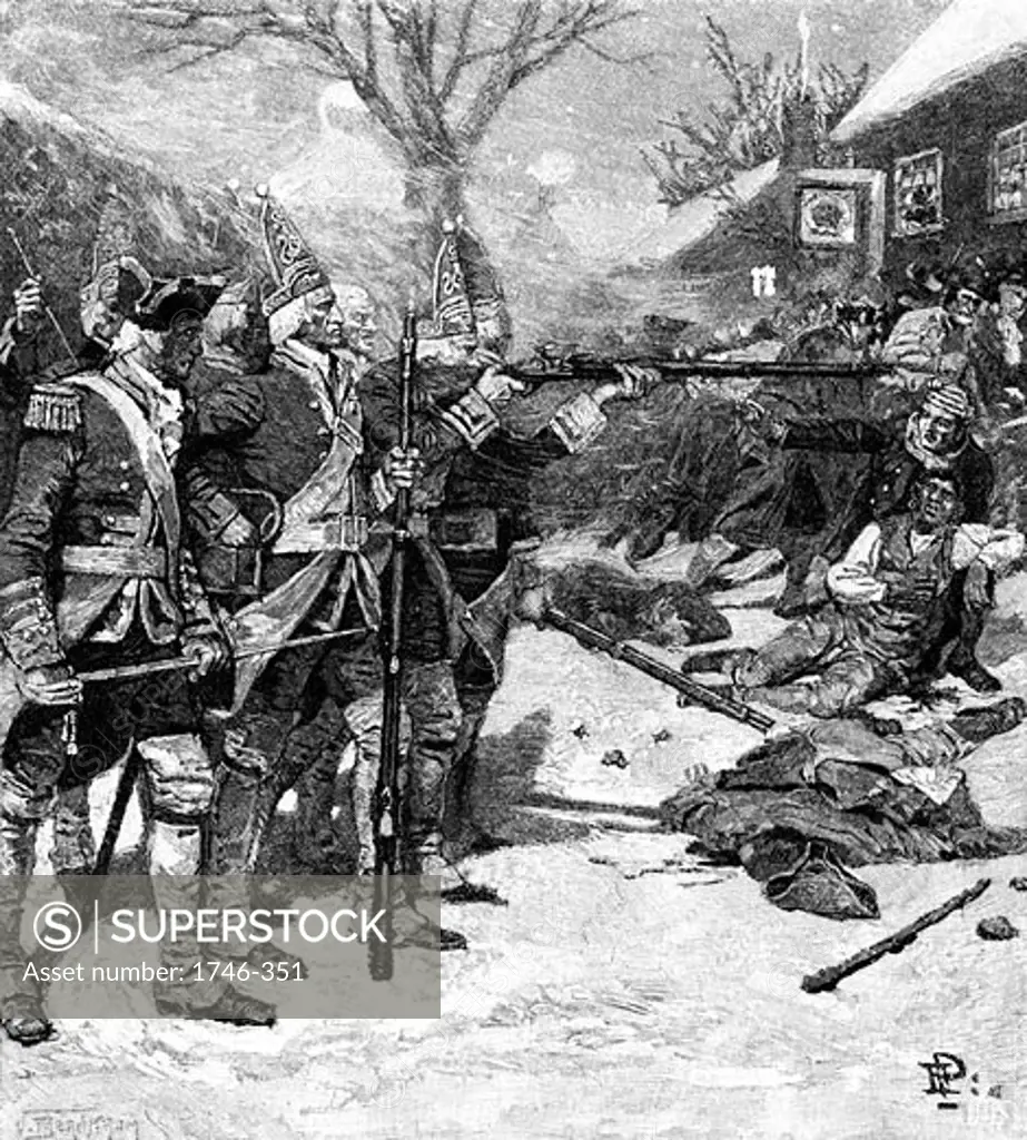 Boston Massacre, 5 March 1770. Skirmish between British troops and crowd in Boston Massachusetts. Five protesters killed, the first being Crispus Attucks a black sailor and former slave. Wood engraving, 1883