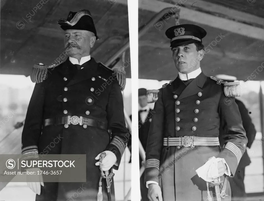 Admiral Charles Badger, Commander of US Atlantic Fleet, left, and Commander Quevedo of the Cuban ship Cuba,  at the unveiling ceremonies for memorial at entrance to Central Park, New York, to the battleship Maine. 1913