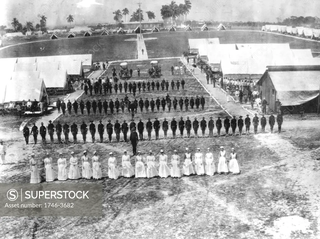 Spanish-Cuban-American War 1898: Field Hospital of 1st Division, 7th Army Corps, Camp Columbia, Havana, Cuba, 1899. After end of war US installed as military government in Cuba and by February 1899 had 45,000 personnel there. Medicine