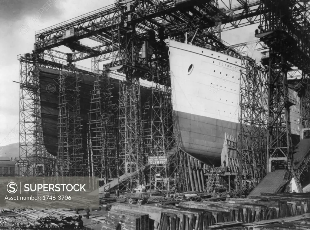 The White Star Line vessels Olympic and Titanic under construction in Harland and Wolff's shipyard, Belfast, Northern Ireland, 1909-1911.