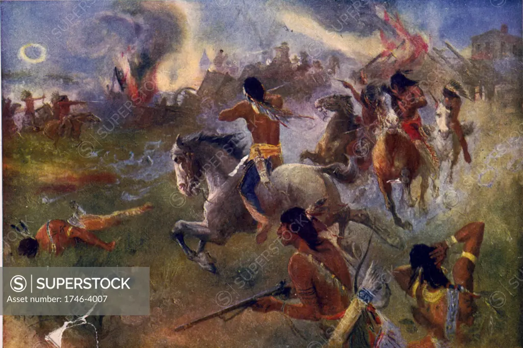 The Siege of New Ulm, Minnesota, 19 August 1862. Attack by Sioux tribesman from nearby reservation on town of 900 settlers.  After painting by Heinrich Augustus Schwabe (1843-1916). Dakota War  Native American Battle USA